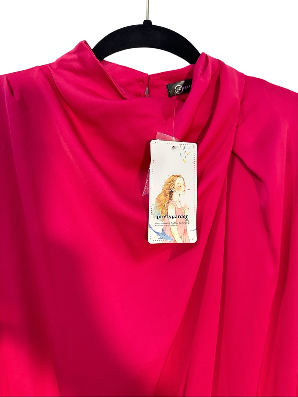 Fuchsia Satin Long-Sleeve Jumpsuit with Draped Neck - Picture 2 of 16